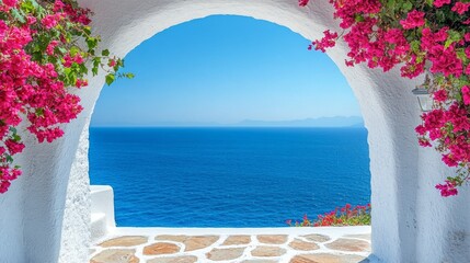 White Archway Framing a View of the Aegean Sea with Pink Bougainvillea