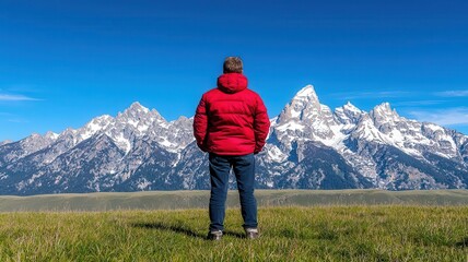 Naklejka premium Tourist standing at the edge of the Grand Teton National Park in Wyoming, with jagged peaks in the background Grand Teton, nature travel, mountain scenery