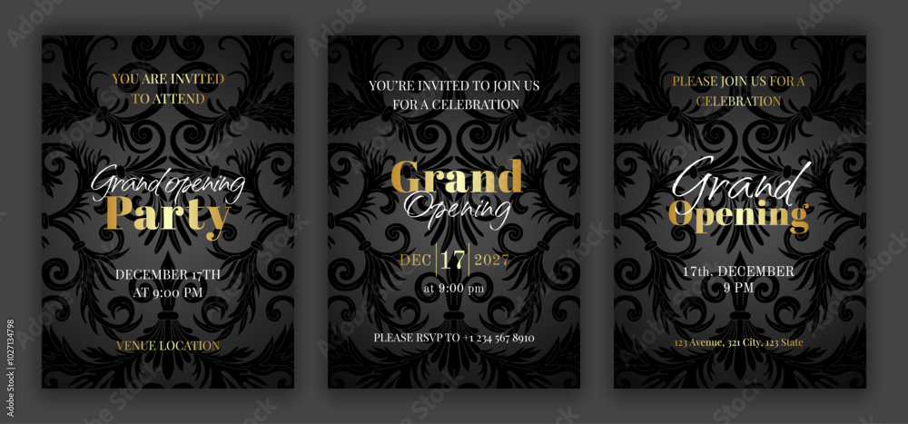 Wall mural luxury black grand opening party invitation template set with golden text. baroque style retro ornat