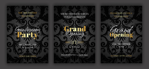 Luxury black grand opening party invitation template set with golden text. Baroque style retro ornate pattern background. EPS 10 vector illustration.