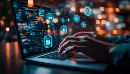 Hands typing on a laptop with glowing icons representing cybersecurity, data protection, and online privacy.