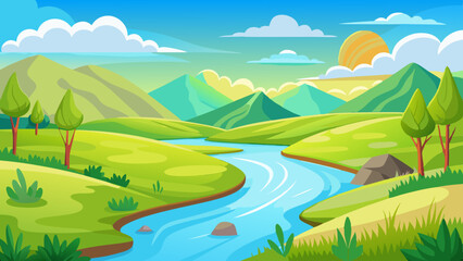 Obraz premium Landscape with winding river flowing between green rolling hills vector illustration 