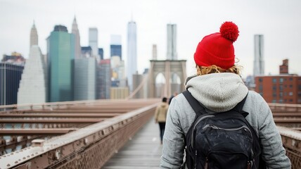 Tourist walking across the Brooklyn Bridge in New York City, taking in the skyline views   Brooklyn Bridge, New York City, iconic travel