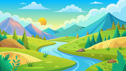 Obraz premium Landscape with winding river flowing between green rolling hills vector illustration 