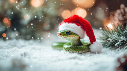 A small green snake with a Santa hat coiled on snow, surrounded by Christmas lights, evoking a playful holiday scene.