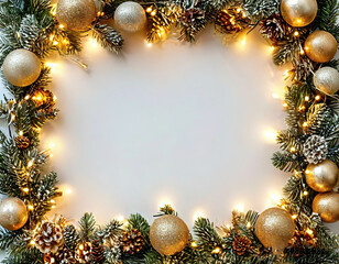 Christmas background frame with fir branches and cones and festive lights garland.