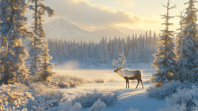 A majestic reindeer standing in a snowy forest clearing, with golden sunlight illuminating the winter landscape.
