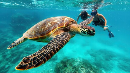 Obraz premium Tourists snorkeling with sea turtles in the warm waters of the Galapagos Islands Galapagos Islands, snorkeling, wildlife travel