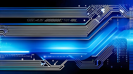 Futuristic Technology Network: Abstract Digital Landscape with Blue Background, Glowing Lines, Circuits, and Dots