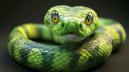 Fototapeta premium A green snake coiled in a calm, defensive posture with vibrant yellow eyes, creating an intense and dramatic visual of nature and wildlife.