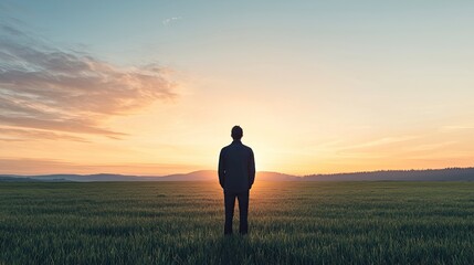 A solitary figure stands in an open field at sunrise, gazing towards the horizon where vibrant colors illuminate the sky.