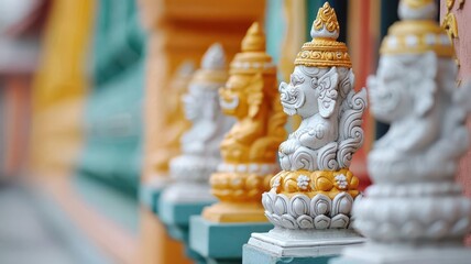 Fototapeta premium Traveler exploring the colorful temples of Bangkok, Thailand, with goldleafed statues and intricate carvings Bangkok temples, cultural travel, Thailand