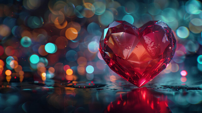 greeting card with a volumetric transparent glass red heart, consisting of many facets glowing from the inside, on a festive dark background with multi-colored bokeh. concept of congratulations - Powered by Adobe