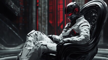Sci-Fi Robotic Warrior in Futuristic Chair with Red and Black Armor