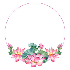 Watercolor pink lotuses on a white background. Water lilies are hand painted. A composition with a lotus. A template for the design of postcards. A bundle for the clipart of spa salons and zen design