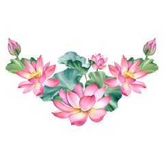 Fototapeta premium A set of pink lotus flowers on an isolated background. The watercolor illustration is hand-drawn. Delicate water lilies for spa, zen design. Clipart for printing postcards.