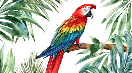 Watercolor illustration with parrot bird in tropical palm leaves sitting on branch.