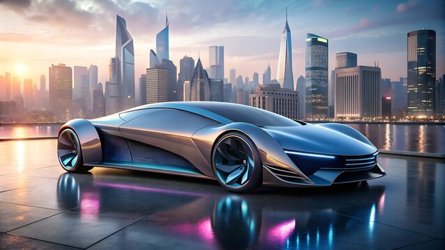 design of futuristic a car with light cityscape