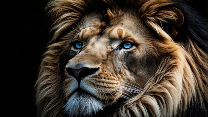 Naklejka premium Majestic lion with piercing blue eyes against a dark background, embodying strength and elegance.
