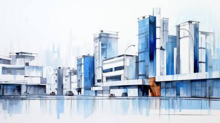 Abstract Watercolor Painting of Futuristic City