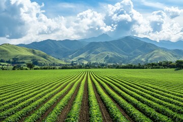 A field of green plants with a mountain in the background, generative ai image