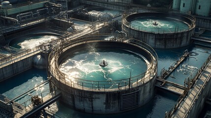 Aerial view of a water treatment plant with circular tanks and pipes.