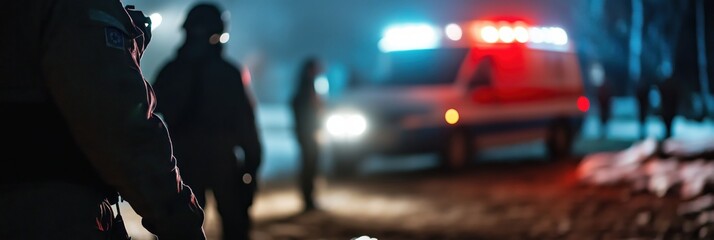 First responders assess a situation as an ambulance, lights flashing, waits in the background on a dimly lit street, embodying service and urgency.