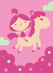 cute girl on horse in clouds on pink background 