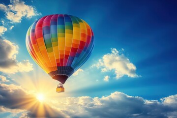 Fototapeta premium A single hot air balloon in vibrant rainbow colors drifting through a cloudy blue sky, with the sun peeking through the clouds, casting soft light 