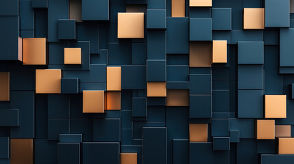 Abstract 3D geometric pattern with dark blue and metallic copper square blocks in various sizes creating a modern, high-tech design.