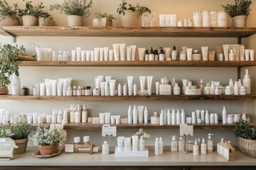 A well-stocked shelf of natural beauty products in a minimalist, modern retail setting.