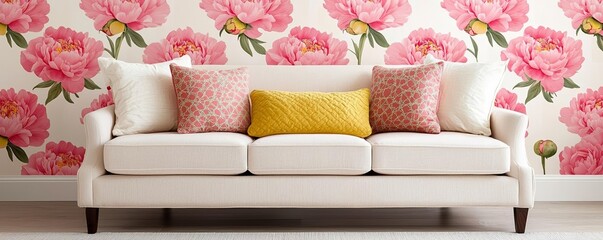 Floral-themed living room, bold pink peonies on wallpaper, minimalist sofa with decorative pillows, luxurious and cozy feminine decor, modern interior design