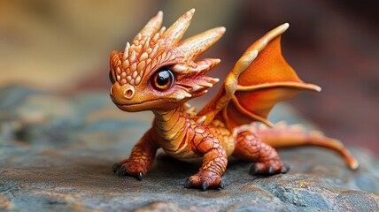 Fototapeta premium Colorful dragon figurine resting on a rocky surface in a natural setting during daylight
