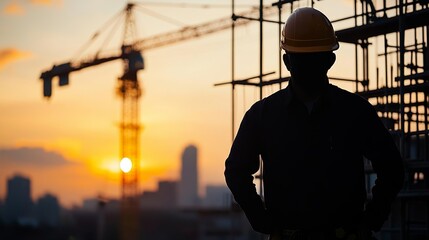 Silhouette of a man on a construction site at dusk, industrial scaffolding and crane, professional builder and foreman, sunset sky, urban development