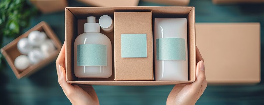 A minimalist flat design of a subscription box unboxing, showing a customer opening the box to reveal neatly arranged products with personalized labels and a logo on the packaging.