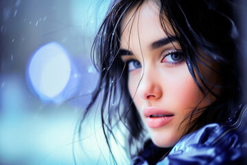 Fototapeta premium A striking close-up portrait of a woman with wet hair, showcasing her captivating eyes and serene expression, captured in soft, natural light.