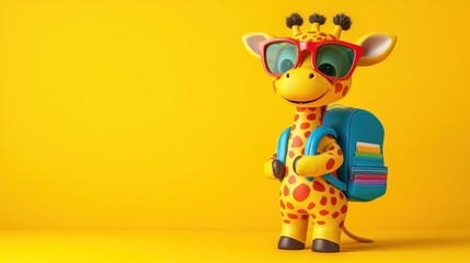 Fototapeta premium A giraffe wearing sunglasses and a backpack is standing on a yellow background