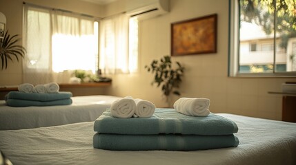 Two beds with fresh towels in a hotel room with sunlight streaming through the windows.