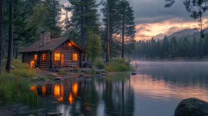 Fototapeta premium A cozy log cabin sits on the edge of a serene lake at dusk, with a warm glow emanating from its windows and a fire crackling in the fireplace. The mist rising from the water adds 