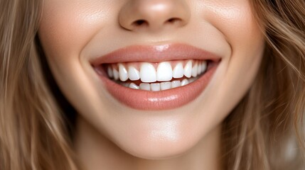 Obraz premium Close-up of a woman's smiling mouth with perfect white teeth.