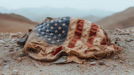 Desecrated US flag in service of the United States of America in a foreign country, the land of the free, Burgerland, the country of guns and broken dreams