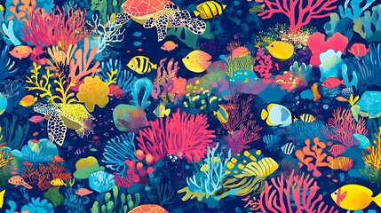 Colorful tropical fish and turtles swimming in a vibrant underwater world filled with coral reefs