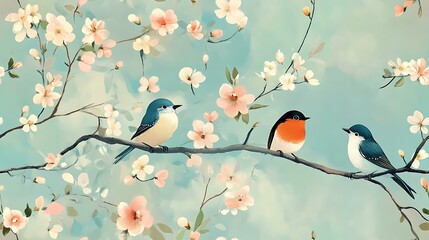 Whimsical birds perched on tree branches covered with blooming flowers in a pastel spring scene