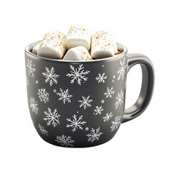 A mug of hot chocolate top with marshmallow and coco powder, Christmas theme mug, isolated on white background.
