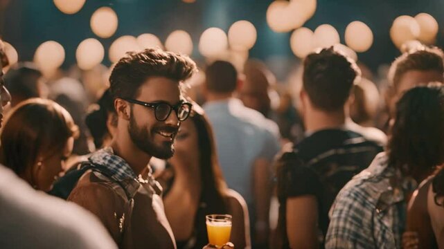 A lively festival event populated by hipster enthusiasts, with a background that is intentionally blurred for effect