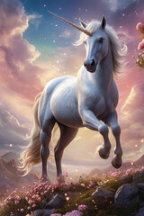 Naklejka premium A majestic white unicorn gallops forward across a meadow of vibrant grass and colorful flowers. Behind, dramatic pink clouds shimmer with glitters, while a distant mountain ranges in the background.