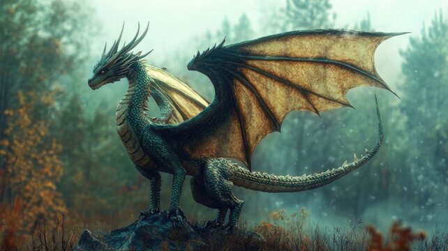 Fototapeta Majestic dragon perched on a rocky outcrop in a misty enchanted forest at dawn