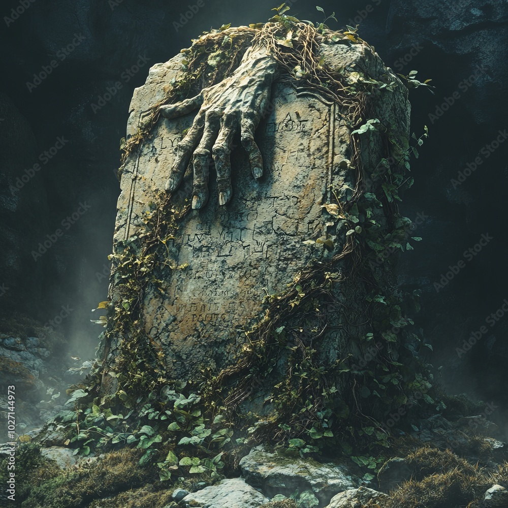 Canvas Prints A skeletal hand reaches out from a mossy tombstone in a dark, shadowy forest.