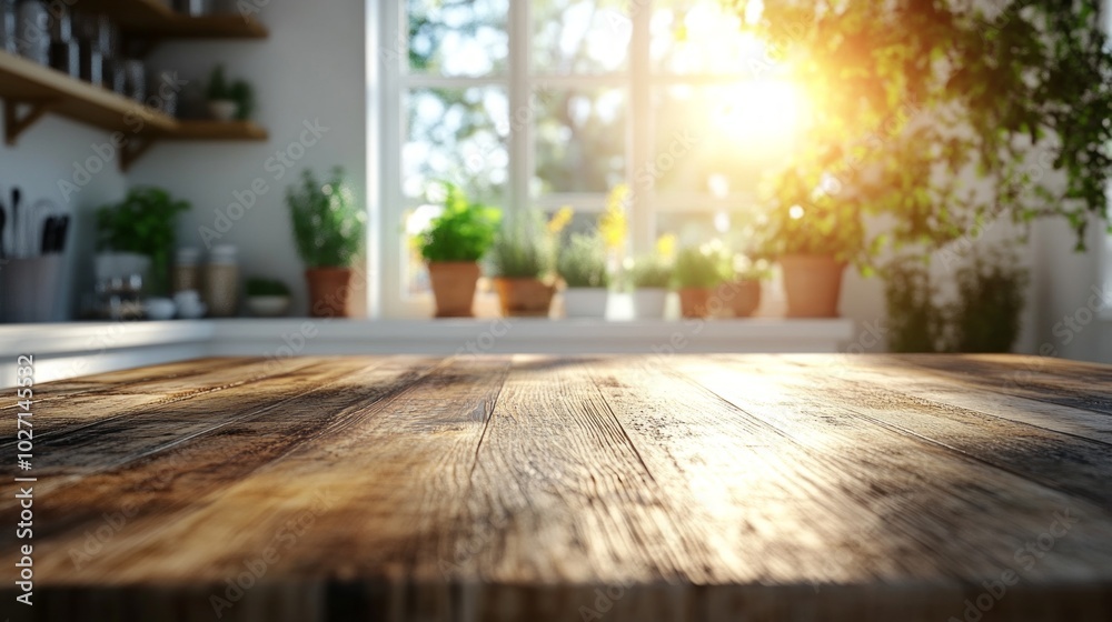 Poster a wooden table with a view of a window and potted plants