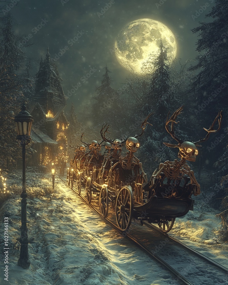 Canvas Prints A skeletal sleigh pulled by skeletal reindeer travels through a snowy forest under a full moon.